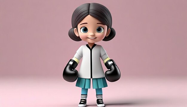 Render 3D d'une petite fille avec des gants de boxe sur fond blanc