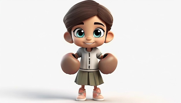 Render 3D d'une petite fille avec des gants de boxe sur fond blanc