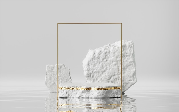 Renderage 3D abstrait fond minimal moderne avec cadre carré doré pavé blanc