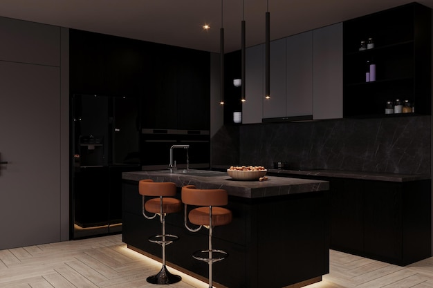 Renderage 3D d'un appartement moderne intérieur de la cuisine intérieur noir