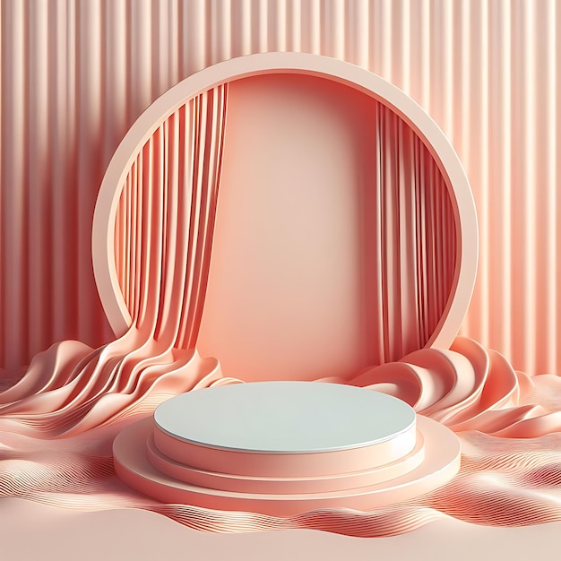 Renderage 3D d'une plate-forme abstraite, d'un podium sur l'eau et de rideaux ondulants, une maquette pastel réaliste