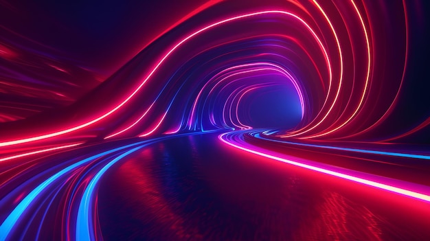 Rendering 3D Abstrait fond néon futuriste Lignes rouges et bleues arrondies Spectre ultraviolet Espace cybernétique Fond minimaliste