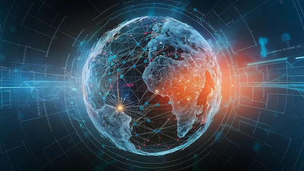 Rendering 3D abstrait d'un globe numérique d'un réseau de données technologiques scientifiques