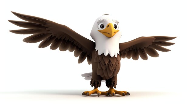 Rendering 3D d'un aigle à tête blanche de dessin animé heureux étendant ses ailes L'aigle a une expression amicale sur son visage et regarde le spectateur