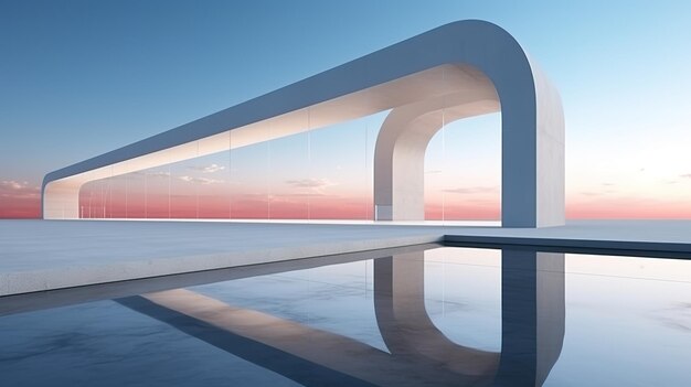 Rendering 3D d'architecture moderne avec une arche blanche sur fond de ciel bleu