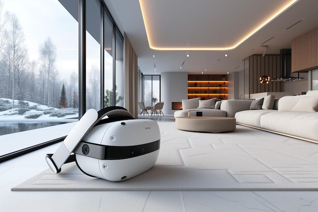 Rendering 3D d'un aspirateur robot blanc dans un salon moderne