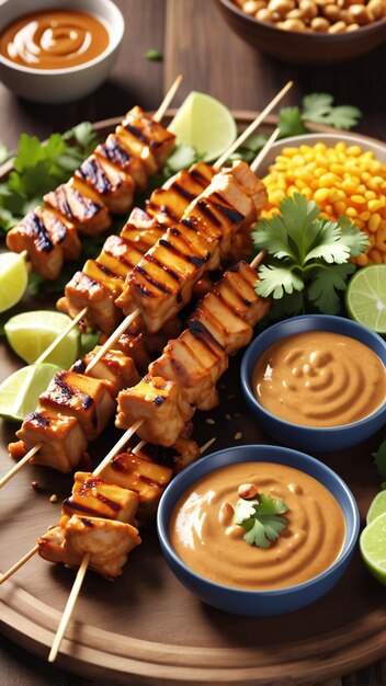 Rendering 3D d'une assiette de satay de poulet Sate ayam rendu 3D
