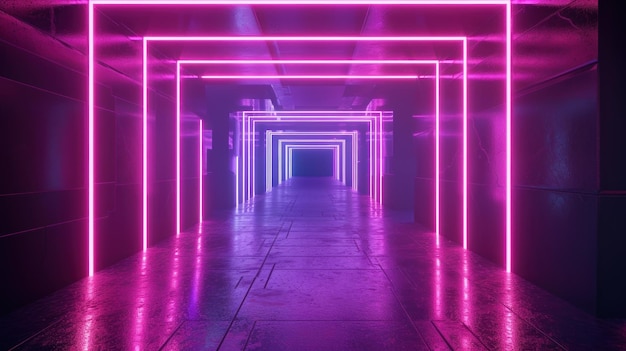 Rendering 3D au néon ultraviolet portail carré lignes lumineuses tunnel passerelle arc violet laser spectacle lumière de nuit