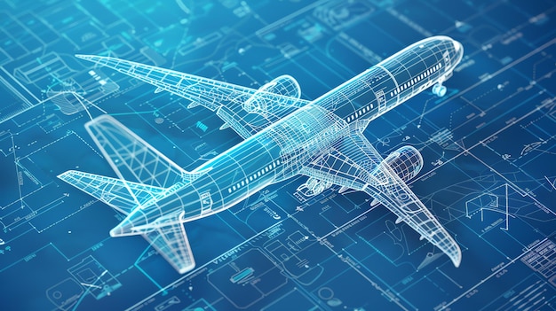 Rendering 3D d'un avion de passagers L'avion est montré dans une vue wireframe avec sa structure interne et ses systèmes visibles