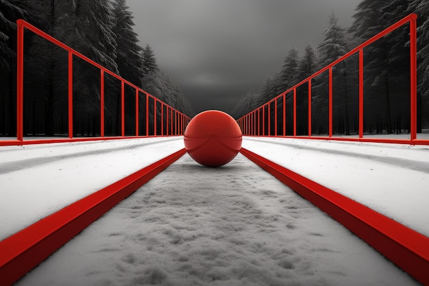 Rendering 3D d'un ballon de basket rouge sur un pont dans la forêt d'hiver