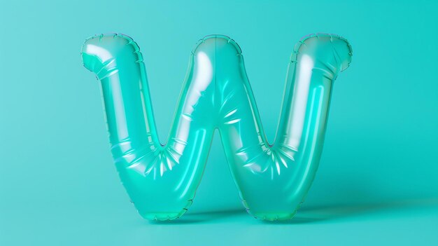 Rendering 3D d'un ballon turquoise brillant gonflé en forme de lettre W sur un fond correspondant