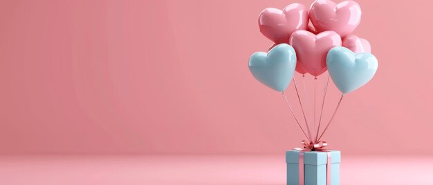 Rendering 3D de ballons de cœur avec une boîte cadeau bleue sur fond rose pastel