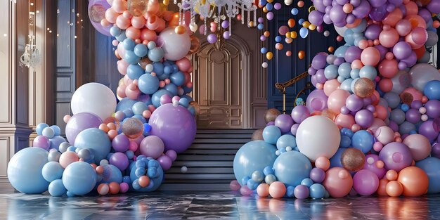 Rendering 3D de ballons colorés devant l'entrée du bâtiment Ai Généré