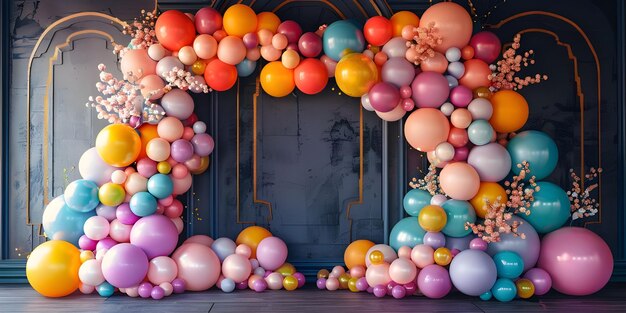 Rendering 3D de ballons colorés devant l'entrée du bâtiment Ai Généré