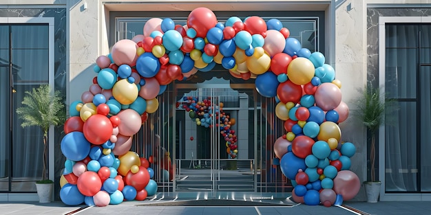 Rendering 3D de ballons colorés devant l'entrée du bâtiment Ai Généré