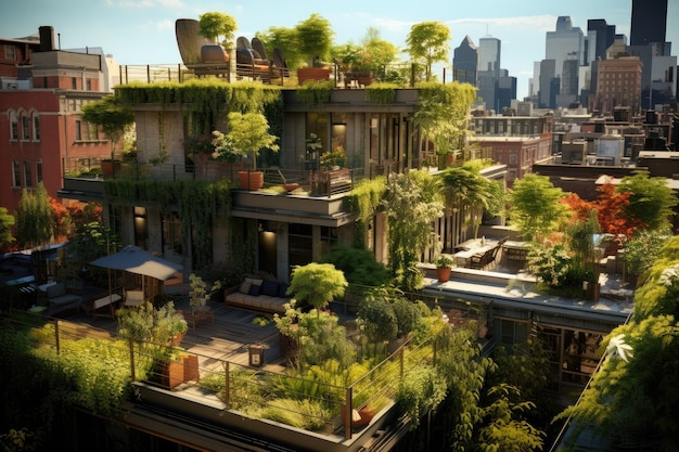 Rendering 3D d'un bâtiment dans la ville Illustration numérique Un beau jardin sur le toit de la ville avec de belles plantes vertes générée par l'IA