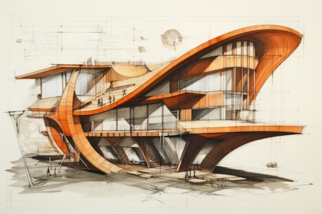 Rendering 3D d'un bâtiment moderne avec un pont sur la rivière