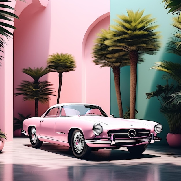 Rendering 3D d'une belle voiture vintage avec un fond rose Rendering 4D d'un beau vin