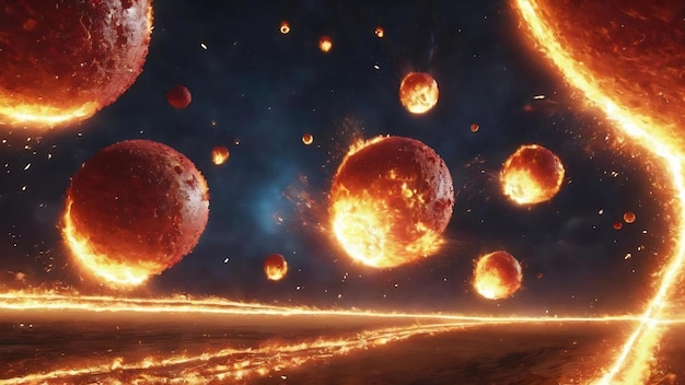 Rendering 3D de boules de feu volant le long d'une trajectoire complexe