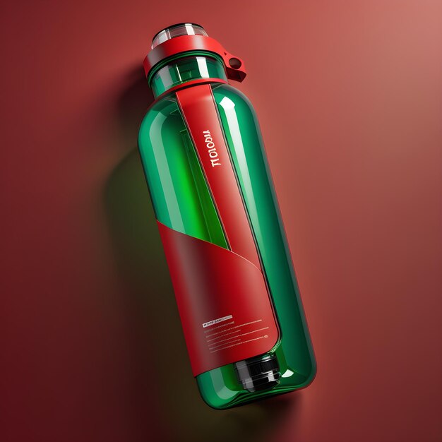 Photo rendering 3d d'une bouteille de sport verte avec un bouchon rouge sur un fond rouge