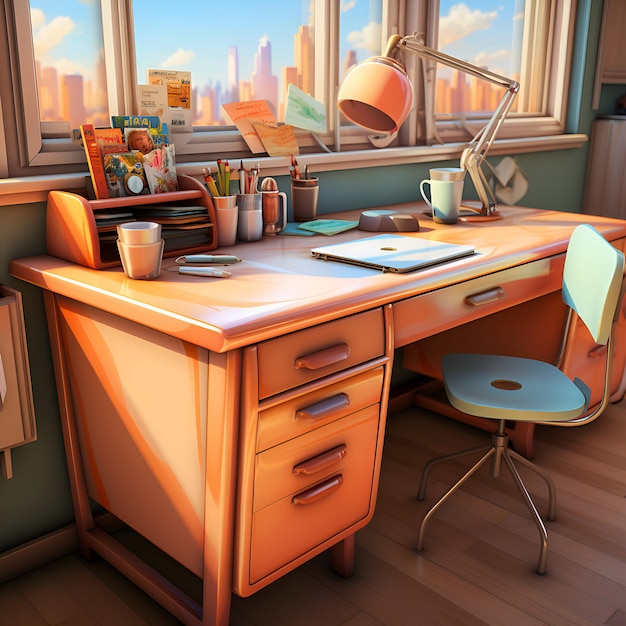 Photo rendering 3d d'un bureau de bureau avec une vue sur la ville