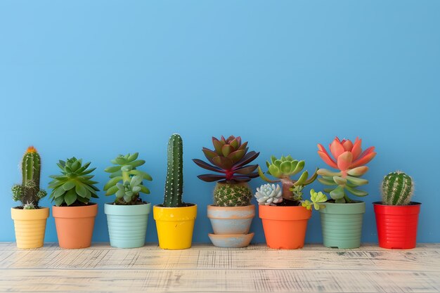 Rendering 3D d'un cactus dans un pot sur un fond mural bleu