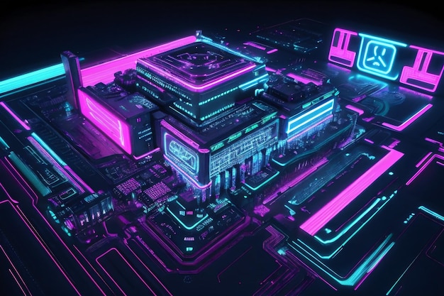 Photo rendering 3d d'une carte de circuit imprimé avec des néons bleus et roses
