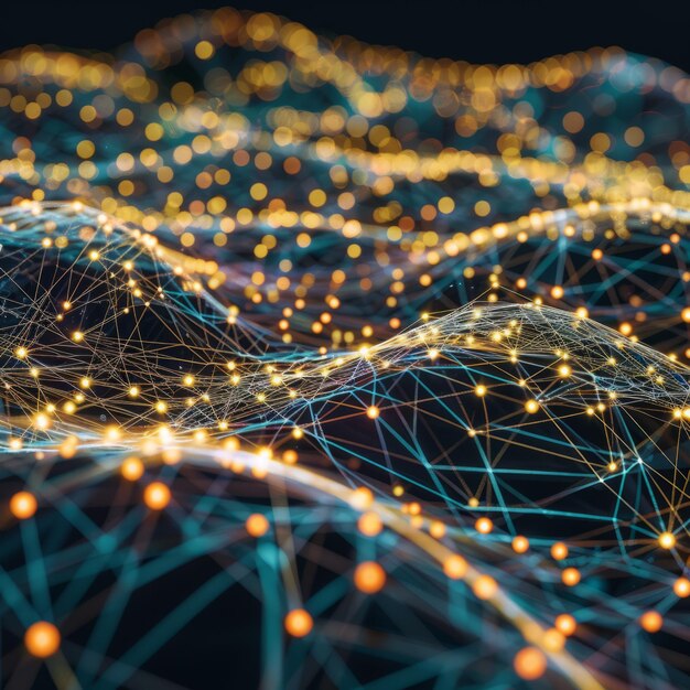 Photo rendering 3d d'une carte de circuit imprimé avec des nœuds et des connexions lumineux