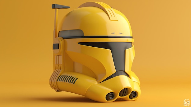 Rendering 3D d'un casque de soldat clone jaune de l'univers de Star Wars Le casque est orienté vers la droite du spectateur et est sur un fond jaune