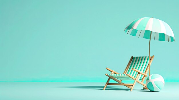 Photo rendering 3d d'une chaise de parasol de plage et d'une balle sur un fond bleu clair illustration générée par l'ia