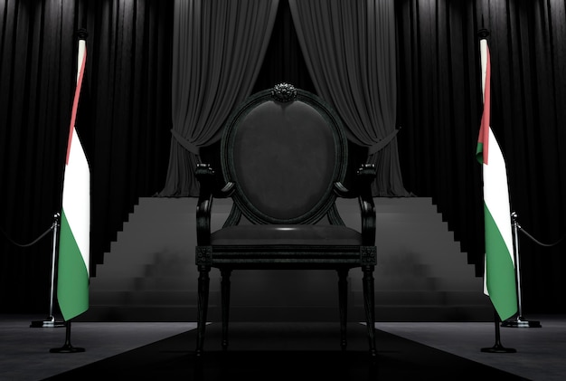 Photo rendering 3d d'une chaise royale sombre sur un fond sombre entre deux drapeaux état de palestine