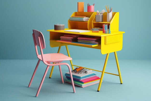 Photo rendering 3d d'une chambre d'enfants avec une table, une chaise et des jouets