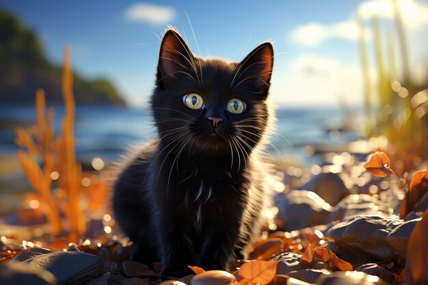 Rendering 3D d'un chat mignon noir qui est assis sur le rivage