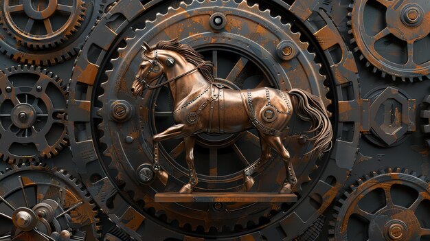 Rendering 3D d'un cheval steampunk fait de métal et d'engrenages Le cheval se tient sur une plate-forme devant un grand engrenage