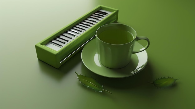 Rendering 3D d'un clavier de piano vert et d'une tasse de thé verte sur un fond vert Deux feuilles vertes sont placées à côté de la tasse