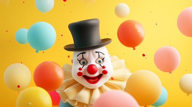 Photo rendering 3d d'un clown avec une expression heureuse sur son visage il porte un chapeau de haut noir et un collier à volets blancs