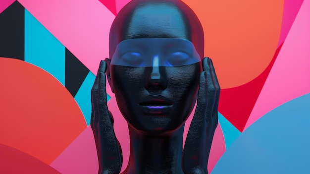 Rendering 3D d'un collage géométrique abstrait avec un mannequin féminin chauve Des mains à tête chauve et des formes de gradient abstraites apparaissent dans la composition