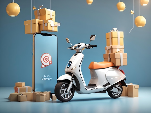 Rendering 3D Concept de livraison rapide avec scooter livré avec des paquets via l'écran du smartphone