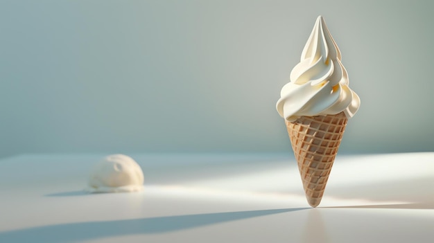 Rendering 3D d'un cône de crème glacée à la vanille. Le cône est assis sur une table blanche avec une cuillère de glace à la vanilla à côté.