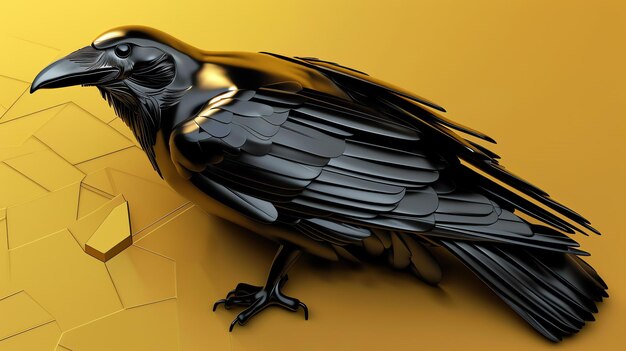 Photo rendering 3d d'un corbeau noir avec un bec et des pieds dorés le corbeau se tient sur une surface dorée fissurée le fond est d'une couleur dorée solide