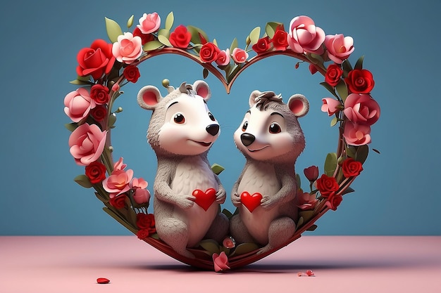 Photo rendering 3d d'un couple d'animaux sur le cœur de la saint-valentin