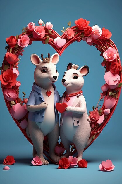 Photo rendering 3d d'un couple d'animaux sur le cœur de la saint-valentin