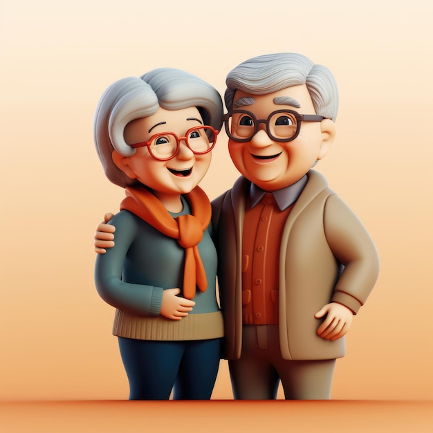 Rendering 3D d'un couple de personnes âgées heureuses, grands-parents ensemble sur l'illustration du Double Festival du Neuvième
