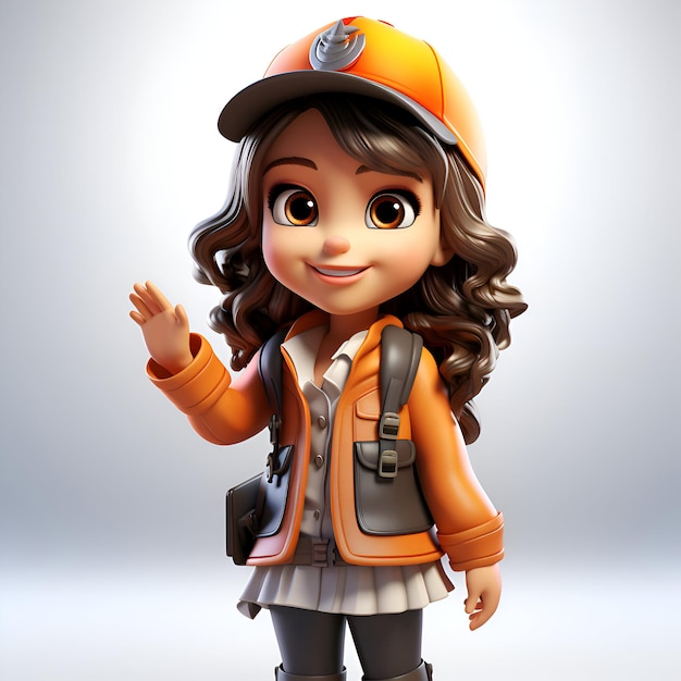 Rendering 3D de Cute Girl avec un chapeau de randonneur et une veste orange