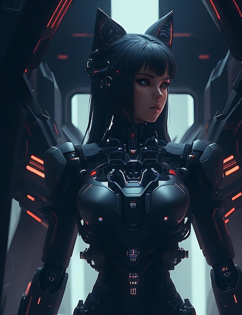 Rendering 3D d'une cyborg féminine dans une station spatiale futuriste