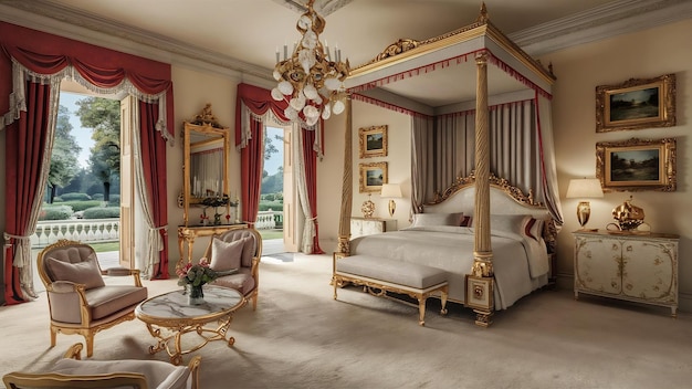 Rendering 3D de design intérieur de chambre à coucher néoclassique de luxe