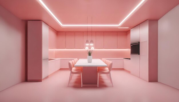 Photo rendering 3d d'un design intérieur de cuisine moderne avec des murs roses