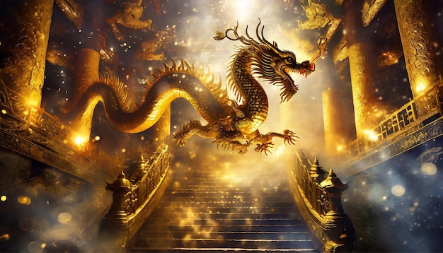 Rendering 3D d'un dragon de style chinois dans le temple avec du brouillard
