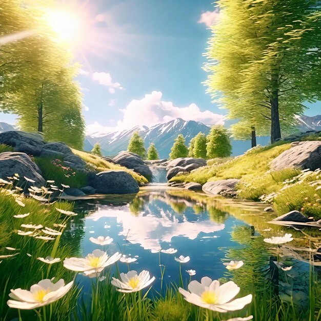 Rendering 3D du beau paysage avec des fleurs de printemps Rendering 4D des belles terres