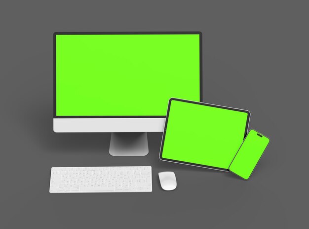 Photo rendering 3d du bureau d'une tablette smartphone avec des écrans verts sur un fond sombre